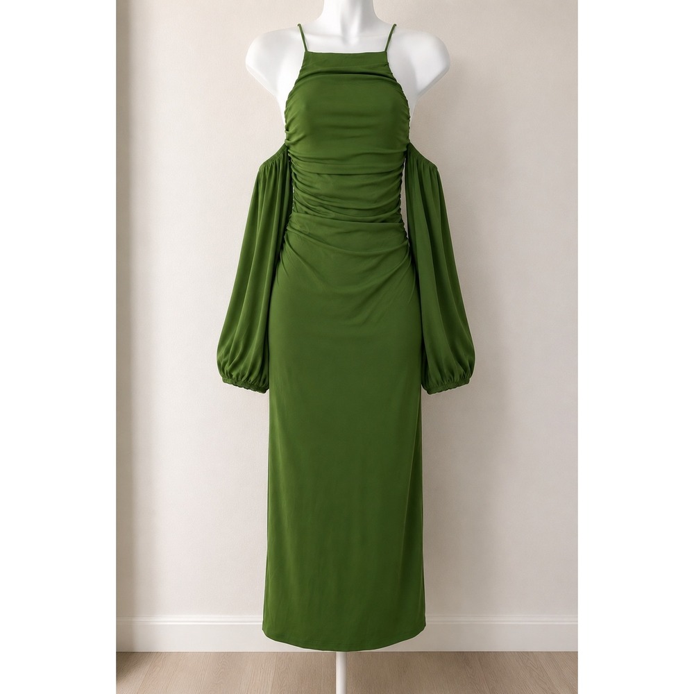 NWT Zara Green Ruched Cold Shoulder Midi Dress Puff Sleeve Size S